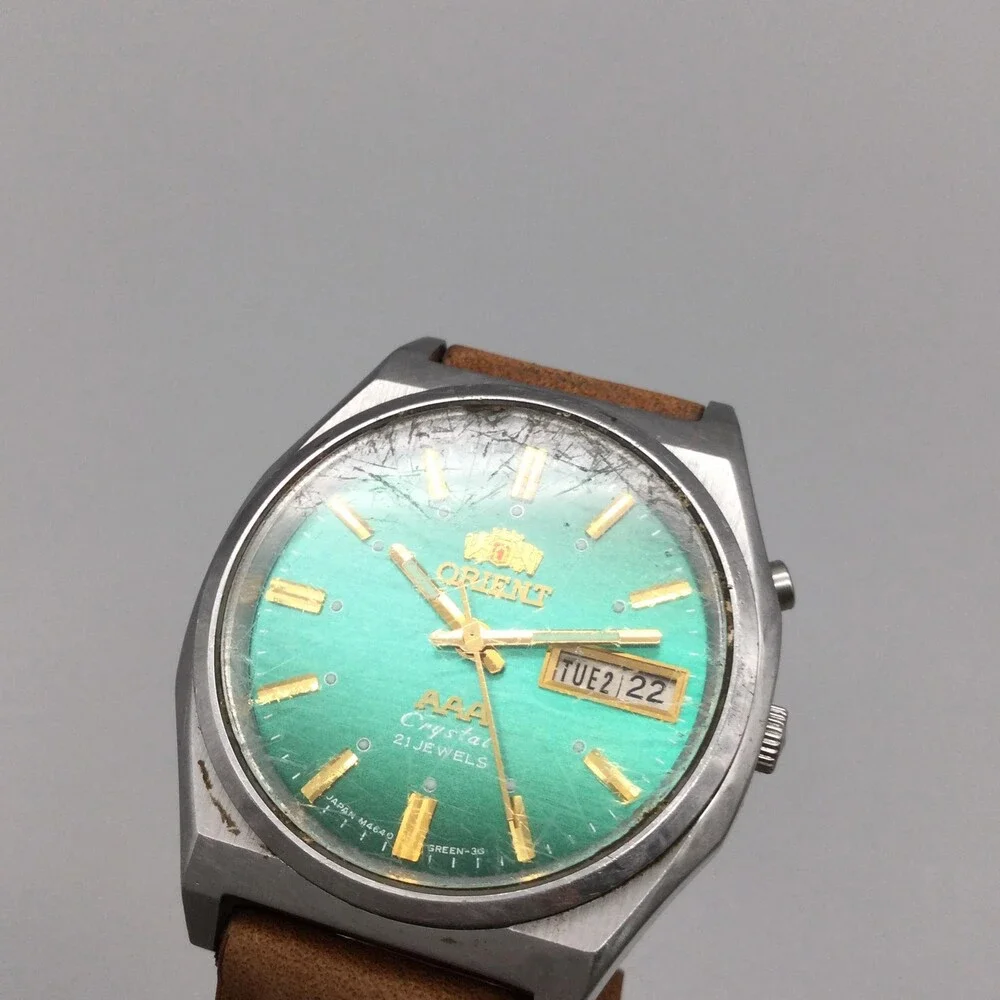 Vtg Orient AAA Crystal 21 Jewels Mens Watch 34mm Green Dial Automatic Leather